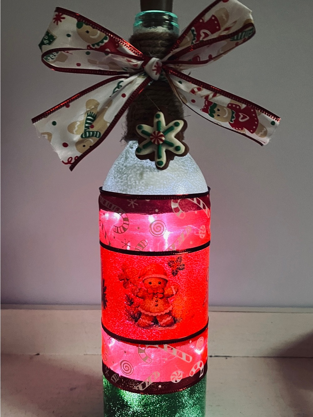 Festive Red & Green LED Holiday Bottle Light with Gingerbread Accent